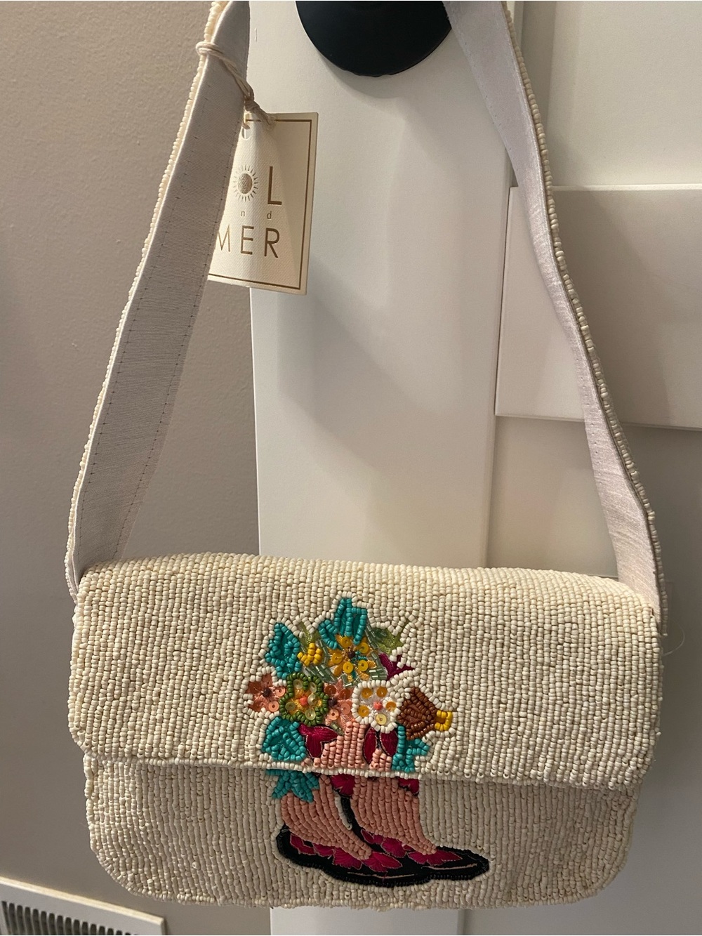 Beaded Boots Crossbody Bag in Cream by Sol and Mer